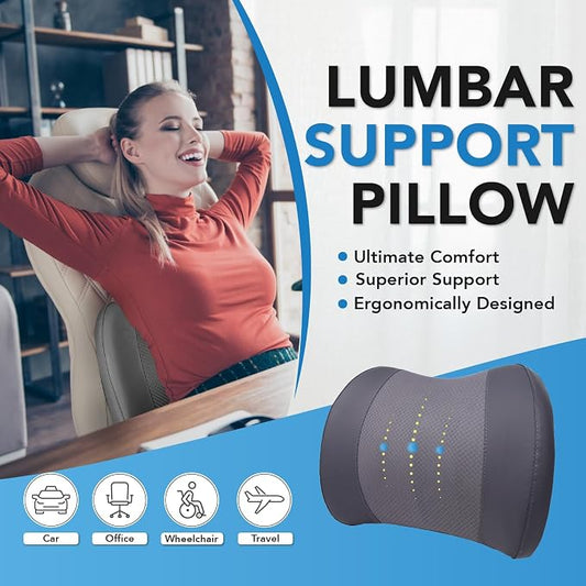 Lofty Aim Lumbar Support Pillow for Car, Memory Foam Lumbar Pillow for Lower Back Pain Relief - Back Cushion for Driving, Chair Support for Car-Office Chair, Wheelchair - Dark Grey
