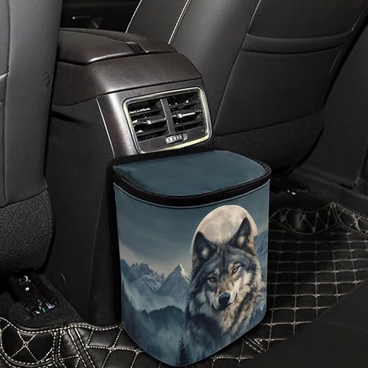 Talayituse Mountain Wolf Moon Print Car Trash Can Portable Auto Garbage Bin Multifunctional Vehicle Interior Accessories with Adjustable Straps Universal Fit Truck SUV Sedan