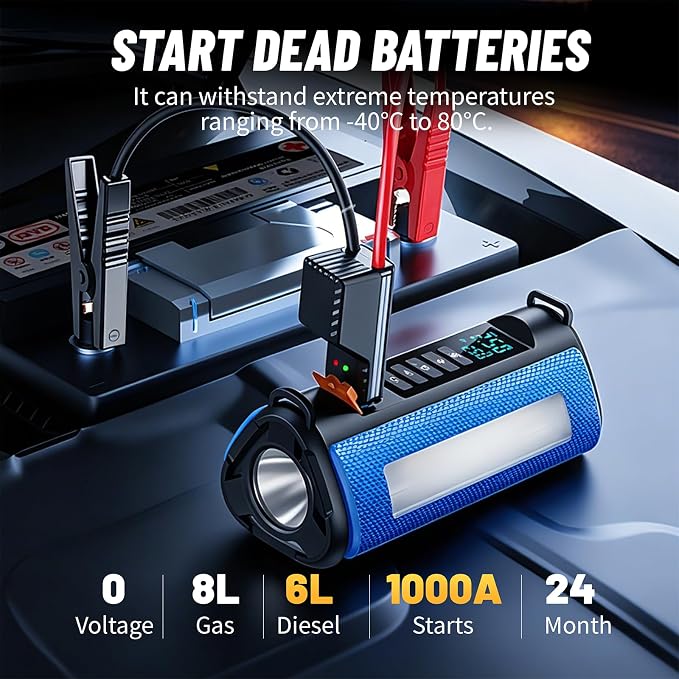 Car Battery Jump Starter with Air Compressor, 2500A Car Jumper Starter Portable150PSI, Battery Jumper Starter Portable Jump Box for Car Battery with 600LM,Jumper Cables, LCD Display