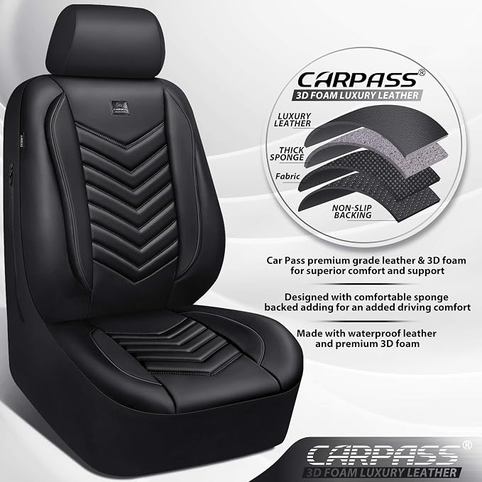 CAR PASS 3D Foam Faux Leather Seat Covers Full Set,Waterproof Leather Seat Cover for Cars,Luxury Universal Fit for SUV Truck Sedan Automotive, Armrest Airbag Compatible Anti-Slip, All Black