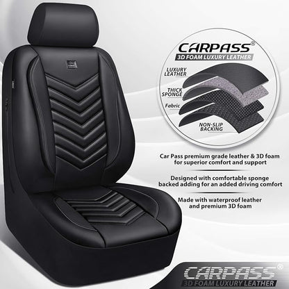 CAR PASS 3D Foam Faux Leather Seat Covers Full Set,Waterproof Leather Seat Cover for Cars,Luxury Universal Fit for SUV Truck Sedan Automotive, Armrest Airbag Compatible Anti-Slip, All Black