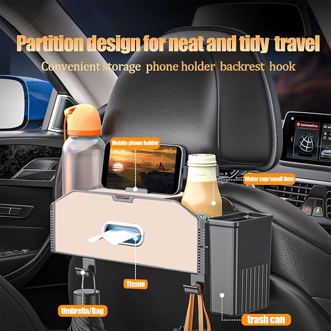 Back Seat Car Organizer,5 in 1 Multifunctional Car Back Seat Storage Box with Trash Can Drink Cup Holder Tissue Box, for Hold Phone,Snacks, Drinks, Handbag-Beige