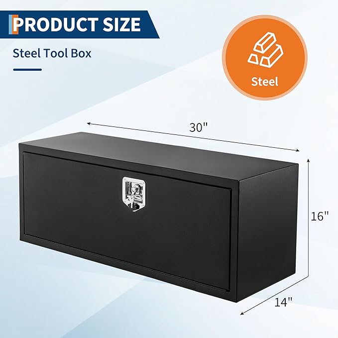 Black Steel Underbody Truck Tool Box for Pickup RV Toolbox Truck Bed Toolboxes Heavy Duty Waterproof Truck Chest with Lock,30 x 14 x 16 Inch