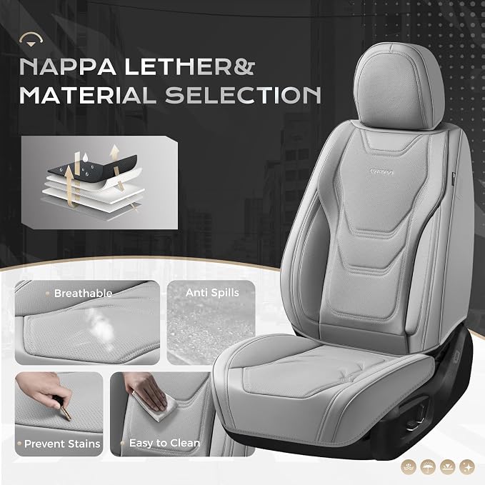 Coverado Car Seat Covers Full Sets, 5 Piece Car Seat Protector Waterproof Leather Seat Cushion Universal Fit for Truck Automotive Vehicles Gray