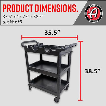 Adam's Polishes Premium Detail Cart - Car Detailing Cart 3-Tiered Shelves 250 Pound Per Shelf Capacity - Heavy Duty Casters Rolling Cart, Features Bottle Holders, Cutouts, & Pegs for Organization