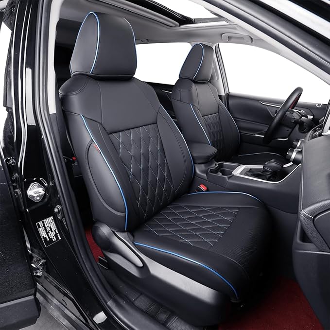 EKR Corolla Seat Cover Custom Fit for Toyota Corolla 2023 2024 2025 2026 LE, Leather Car Seat Cover Full Set-Faux Leather (Black with Blue Trim)