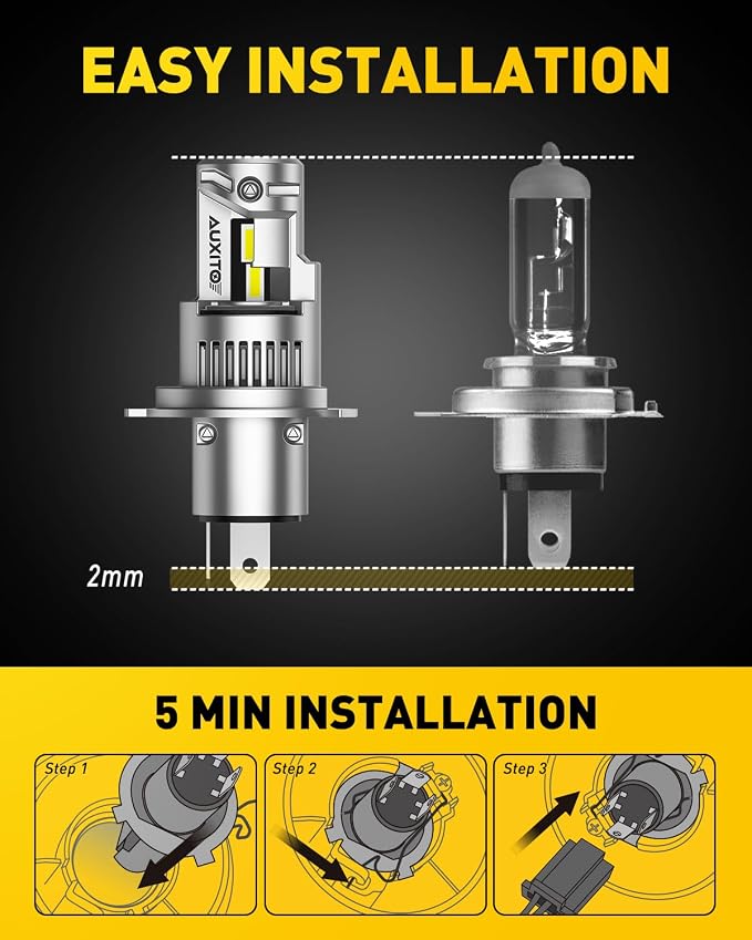 AUXITO H4/9003 Bulbs, 80,000LM 15X Super Output, 6500K Cool White, Long Lifespan, 1:1 Mini Size Replacement Light Bulbs, Plug-N-Play, Pack of 2