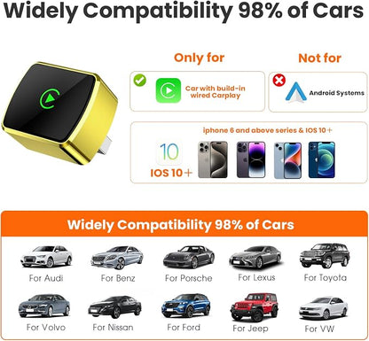 Wireless CarPlay Adapter for iPhone - Plug and Play, Converts Wired to Wireless, Stable Connection Without Delay, Compatible with iOS 10+ & 800+ Car Models, Not for Android 2025 (Gold)