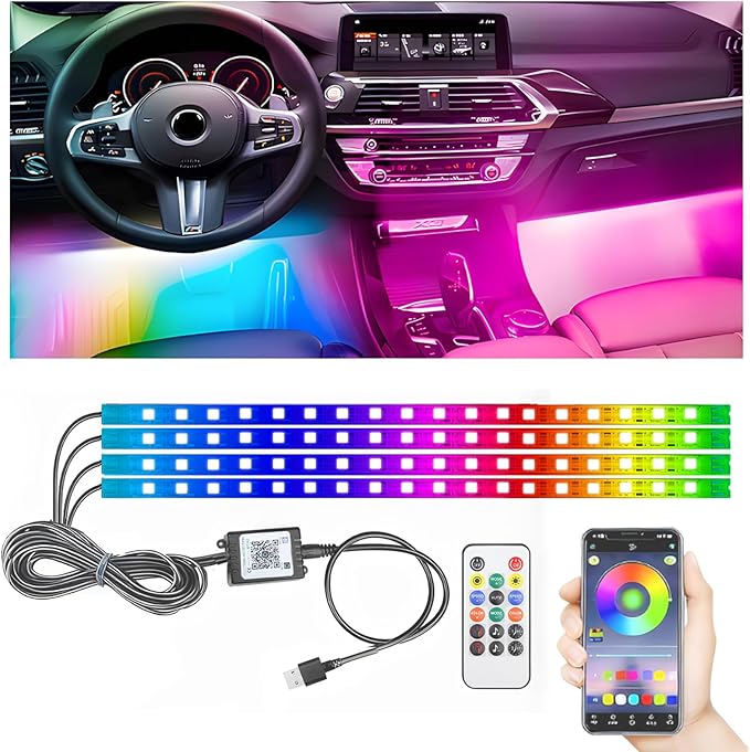 STONEBANKS 5.9FT Car LED Strip Lights, 72LEDs Smart RGB Car Interior Lights with APP & Remote Dual Control, Multicolor Music Sync, Mic Mode 4-in-1 Lines Design LED Lights for Car Decor