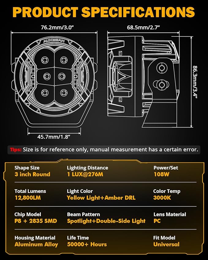 Auxbeam V-Ultra Series 3 Inch 108W LED Round Pods, 3 Modes Offroad Driving Side Shooter Light with Amber DRL, 270° Ultra-Wide Amber Cube Universal Spotlights with Covers & DT Plug Wiring Harness