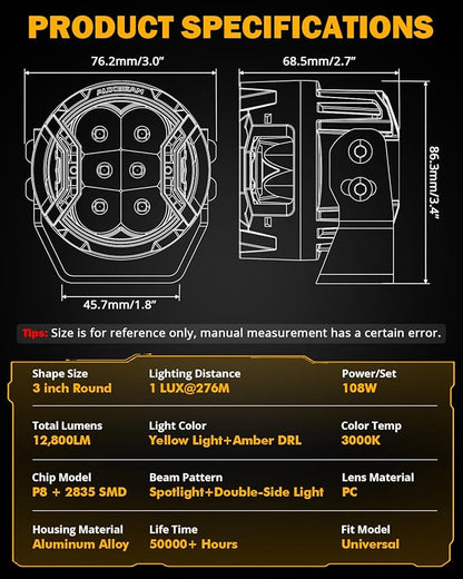Auxbeam V-Ultra Series 3 Inch 108W LED Round Pods, 3 Modes Offroad Driving Side Shooter Light with Amber DRL, 270° Ultra-Wide Amber Cube Universal Spotlights with Covers & DT Plug Wiring Harness