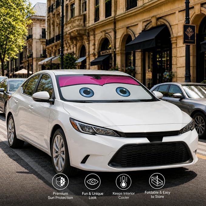 Car Windshield Sun Shade, Pink Cute Eyes Funny Car Sun Shade Universal Fits Sedan SUV Hatchback Compact Cars, UV Heat Protection - 59 x 27.5