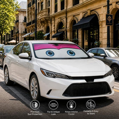 Car Windshield Sun Shade, Pink Cute Eyes Funny Car Sun Shade Universal Fits Sedan SUV Hatchback Compact Cars, UV Heat Protection - 59 x 27.5