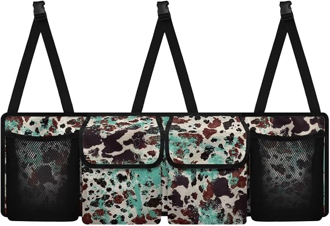 Hanging Car Back Seat Organizer Mint Black Brown Cow Spots Car Backseat Trunk Organizer for Grocery Cargo Storage Bag