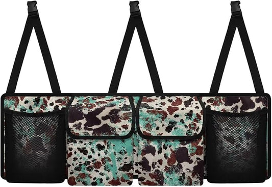 Hanging Car Back Seat Organizer Mint Black Brown Cow Spots Car Backseat Trunk Organizer for Grocery Cargo Storage Bag