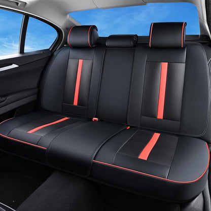 Huidasource Rear seat Cover Luxury Nappa Leather, Back seat Cover with Velcro Adjustable, Ventilation Holes, Seat Belts, Child Seats, Car Cover Seat Universal Fit for Most Cars SUV Trucks, Black＆Red