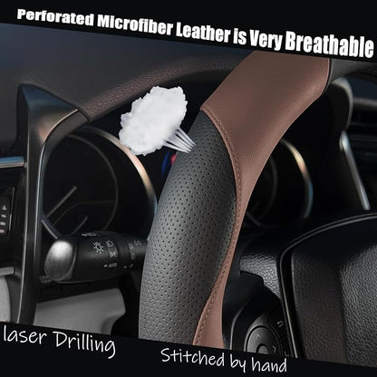 Steering Wheel Cover Universal Standard Size 14.5-15 inch, Non-Folding Packaging, Microfiber Leather, Anti-Slip, Soft Grip, Sporty Design, Fits for Cars SUVs Trucks, Black and Chocolate Brown