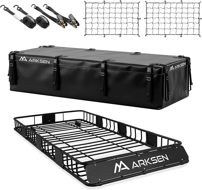 ARKSEN 84" x 39" x 6" Roof Rack Cargo Basket with Extension, Waterproof Bag, 2 Net & 2 Ratchet Straps, 150 lb Heavy Duty Steel Rooftop Carrier, Fits Crossbars up to 1.38" Thick, for SUV & Pickup Truck