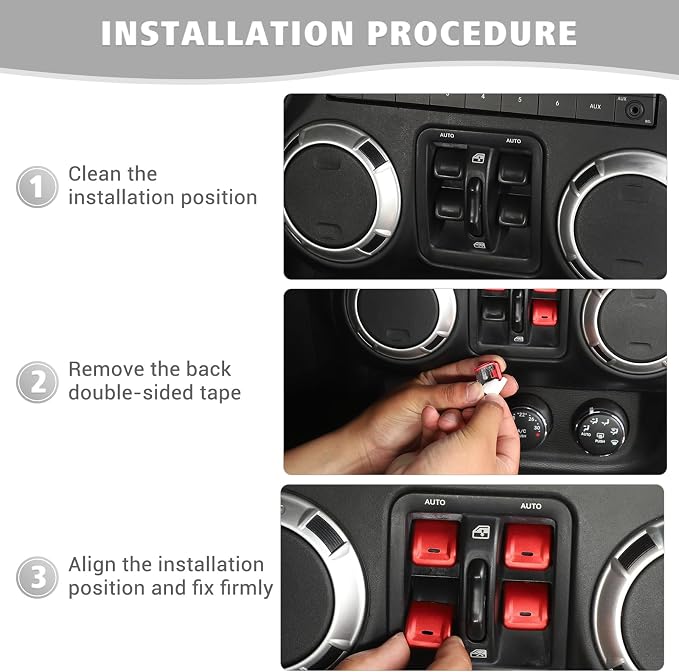 Jimen for JK Window Button Covers, 4PCS Center Console Window Switch Cover Interior Trim Kits Compatible with Jeep Wrangler JK & Unlimited 2012-2018, Aluminum Alloy (Red)