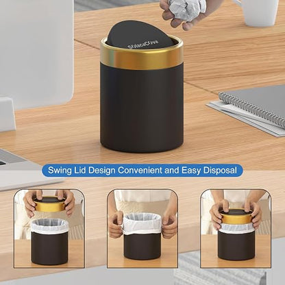 Desktop Trash can with Lid,0.4 Gal Stainless Steel Counter Top Trash Can Mini Bathroom Trash Can for Car,Office,Kitchen,Desk,a Roll of Trash Bag(Black)