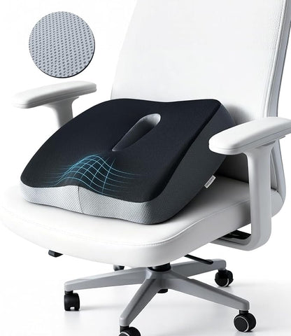 Memory Foam Seat Cushion, Large Office Chair Cushions Chair Pad for Tailbone Sciatica Coccyx Lower Back Pain Relief, Orthopedic Butt Pillow for Desk Chair Car Wheelchair Long Sitting (Black)