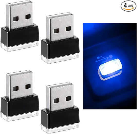 Augeny 4 PCS USB LED Car Interior Atmosphere Lamp, Plug-in USB Decor Night Light, Portable Auto Ambient Lighting Kit, Universal Vehicle Interior Accessories for Most Cars (Blue)