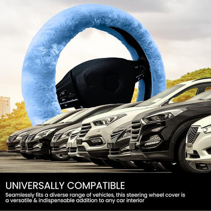 Andalus Brands Luxury Fluffy Car Steering Wheel Covers – Genuine Merino Sheepskin, Soft Fuzzy Car Steering Wheel Cover for Women, Universal 14.5-15" Size, Plush Fur Cute Auto Accessories, Sky Blue