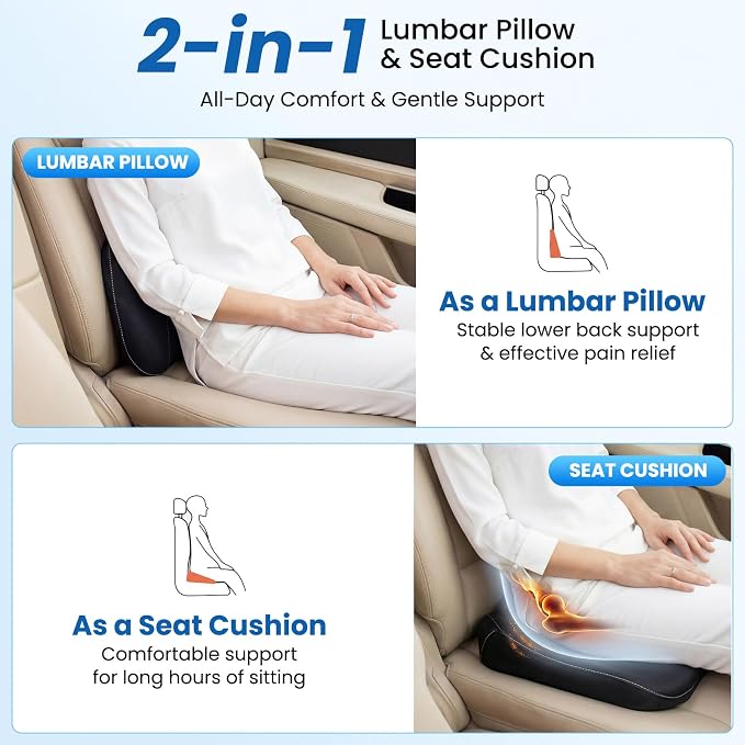 Car Lumbar Support Pillow for Driving, 2-in-1 Seat Cushion | Ergonomic Memory Foam for Driving Comfort, Improves Posture, Breathable Fabric, Fits Cars, Trucks & Office Chairs