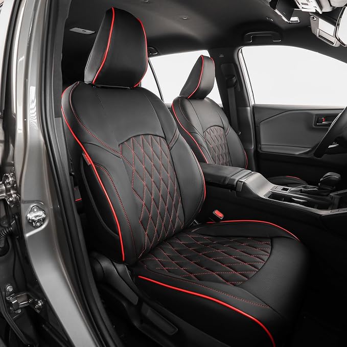 EKR Rav4 Seat Covers Custom Fit for Toyota Rav4 (Hybrid) SE/XSE & (PHEV) GR Sport 2026, Car Seat Cover Full Set for SUV,Factory-Style Upgrade, Easy-Wipe Protection,Faux Leather(Black with Red Piping)