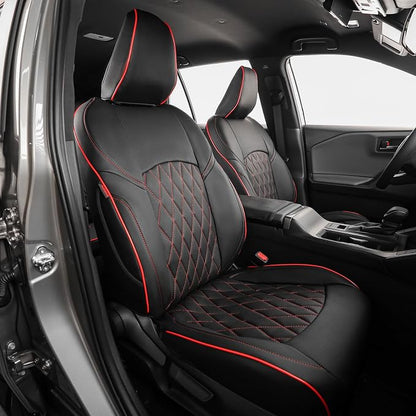 EKR Rav4 Seat Covers Custom Fit for Toyota Rav4 (Hybrid) SE/XSE & (PHEV) GR Sport 2026, Car Seat Cover Full Set for SUV,Factory-Style Upgrade, Easy-Wipe Protection,Faux Leather(Black with Red Piping)