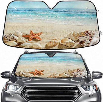 Summer Beach Starfish Seashell Windshield Sun Shade for Car Auto SUV Truck Foldable Front Window Sunshade Sun Visor Protector Block UV Rays Reflect Heat, 55" x 28"