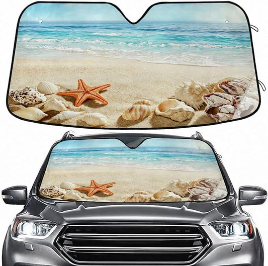 Summer Beach Starfish Seashell Windshield Sun Shade for Car Auto SUV Truck Foldable Front Window Sunshade Sun Visor Protector Block UV Rays Reflect Heat, 55" x 28"