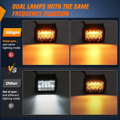 Nilight Amber White LED Pod Lights 4 Inch 6 Modes with Memory Function,Constant / Flash Off Road Driving Lights with Wiring Harness, Spot Flood Combo Beam Auxiliary Lights for Truck Jeep SUV ATV UTV