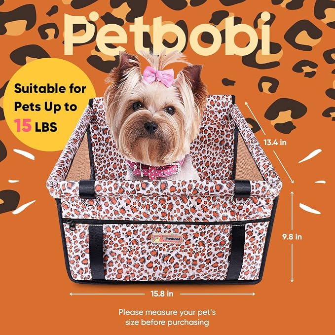 Petbobi Small Dog Car Seat, Dog Car Booster Seat for Small Medium Dogs 5-15 lbs, Foldable Front Seat Safety with Sturdy PVC Tube Frame, Breathable Mesh, Leopard Print