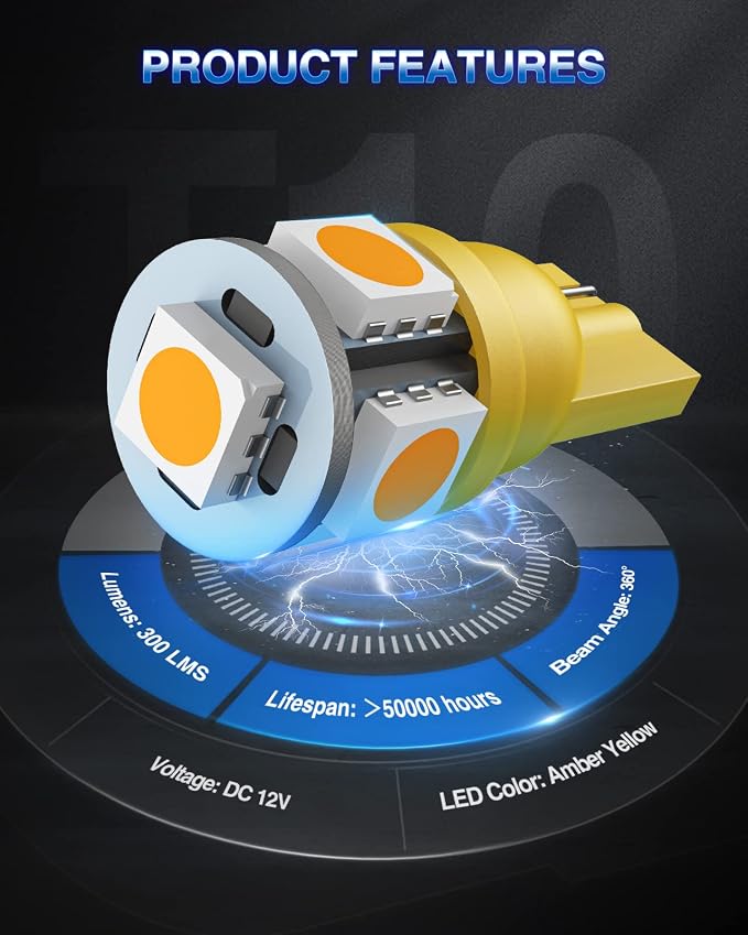 Marsauto 194 LED Bulb Amber Yellow 168 T10 2825 5SMD No Polarity Replacement Bulbs for Car Dome Map Door Courtesy License Plate Dashboard Lights