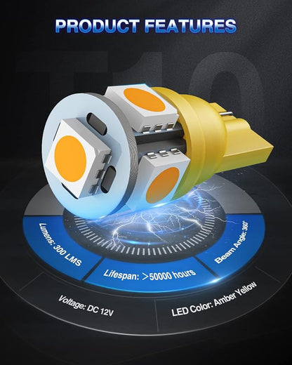 Marsauto 194 LED Bulb Amber Yellow 168 T10 2825 5SMD No Polarity Replacement Bulbs for Car Dome Map Door Courtesy License Plate Dashboard Lights