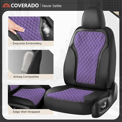Coverado Front Seat Covers, Luxury Diamond Leather Car Seat Cover with Carbon Fiber Weave, Waterproof Car Seat Cover Driver Seat Cover Spill-Proof Design Universal Fit for Most Cars, BlackPurple