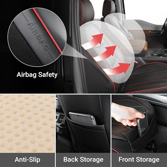 Coverland Custom SUV Car Seat Covers Front Seats for [2006-2026 Audi Q7] - Protector Car Seat Cover Water Resistant Leather Memory Form Back Support Seat Cushion [Front - Black with Red Stitching]