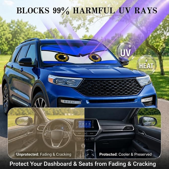 Car Windshield Sun Shade, Blue Monster Eyes Large Foldable Front Window Sunshade, UV Heat Protection Windshield Cover Universal Fits Full-Size Pickup Truck SUV- 63 x 33.86