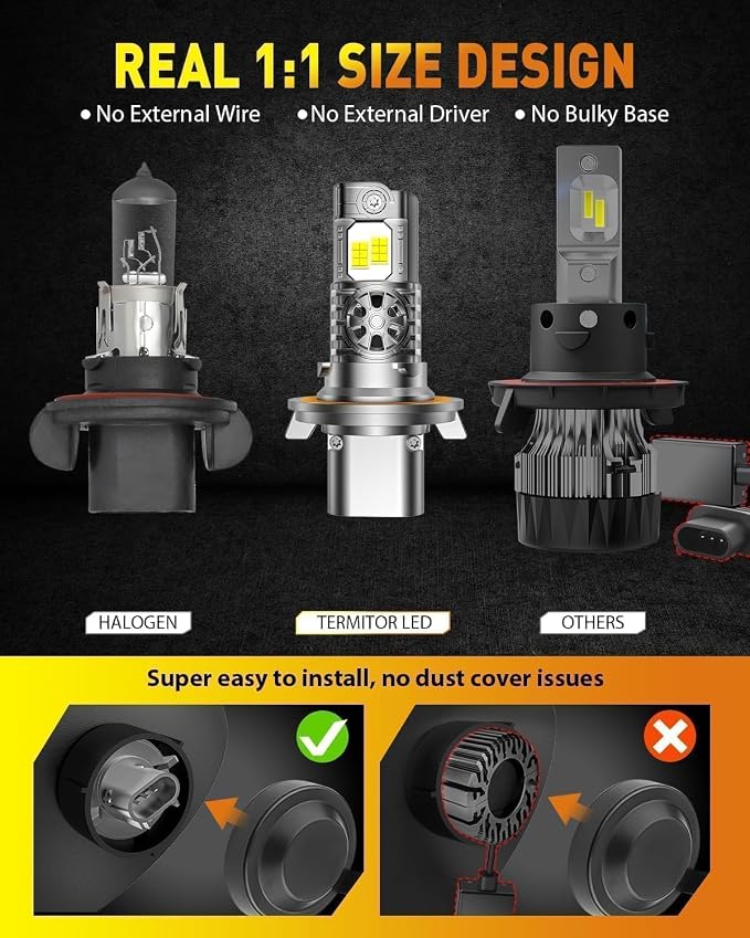 Termitor Latest H13/9008 LED Bulbs, 100,000LM Brightness High/Low Beam, 85000+ Hours Long Service Life, 6500K Cool White, Real 1:1 Halogen Size H13 Fog Light Bulbs, 3 Mins Plug N Play, Pack of 2