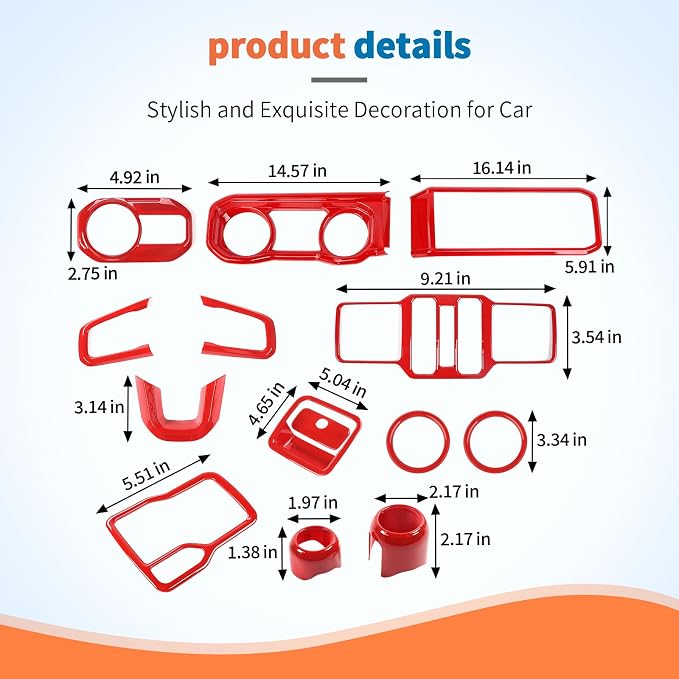 JeCar 14-Piece Red Interior Accessories Trim Kit for 2024-2025+ Jeep Wrangler JL 4XE Gladiator JT- Center Console Dash Panel Interior Upgrade