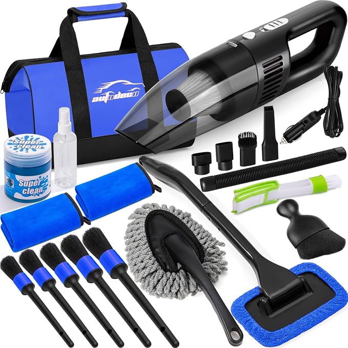 Car Cleaning Kit, Car Vacuum Interior Detailing Cleaner Kit with High Power Handheld Vacuum, Brush Set, Windshield Tool, Duster, Towels, Complete Car Care Tools for Women (Blue)