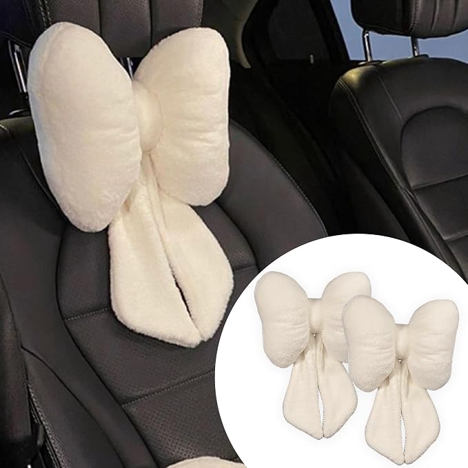 Car Neck Pillow 2PCS Plush Bowknot Car Headrest Pillow – Comfortable Neck Support for Driving Soft Touch Fabric Car Pillow Cute Interior Decor (White)
