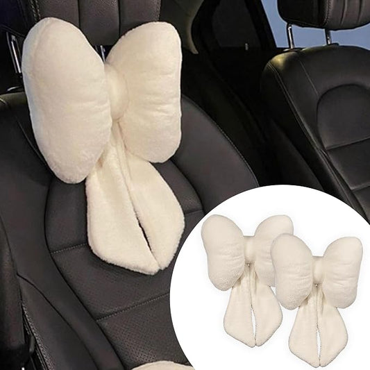 Car Neck Pillow 2PCS Plush Bowknot Car Headrest Pillow – Comfortable Neck Support for Driving Soft Touch Fabric Car Pillow Cute Interior Decor (White)
