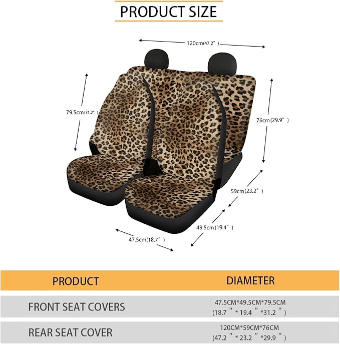 Leopard Print Car Seat Covers Full Set,Brown Animal Skin Pattern of Wild Strong Panthera Vehicle Front Rear Bench Cushion Protectors Auto Interior Accessories Universal Fit for Trucks Sedans