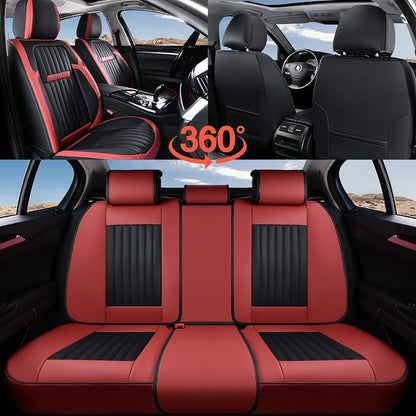 Coverado Car Seat Covers Full Set, Seat Covers for Cars, Car Seat Cover, Car Seat Protector, Leather Car Seat Cushion, Waterproof Car Seat Covers Front Seats and Back Fit for Most Cars(Red&Black)