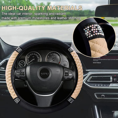 Soft Leather Car Steering Wheel Cover, Universal 15 Inch Colorful Rhinestones Anti-Slip Elastic Steering Wheel Covers for Most Cars, Sparkly Crystal Diamond for Women Girls (Beige)