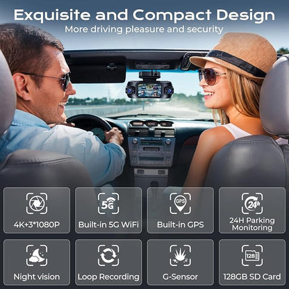 4 Channel Dash Cam, 4K Front Rear and Inside Dash Camera for Cars, 360° View, Free 128GB Card Included, 5GHz WiFi, GPS, APP Control, 24/7 Parking Mode, 8 IR Night Vision Lights, G-Sensor