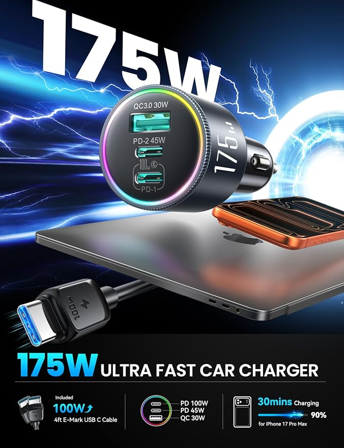 JOYROOM 175W Super Fast Car Charger [GaN] 3-Port Car Charger USB C Fast Charge with USB-C Cable, Car Cigarette Lighter USB Charger for iPhone 17/16/15, Samsung S26/25, Pixel 10, MacBook, iPad and More