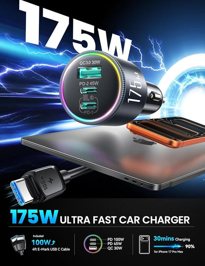 JOYROOM 175W Super Fast Car Charger [GaN] 3-Port Car Charger USB C Fast Charge with USB-C Cable, Car Cigarette Lighter USB Charger for iPhone 17/16/15, Samsung S26/25, Pixel 10, MacBook, iPad and More